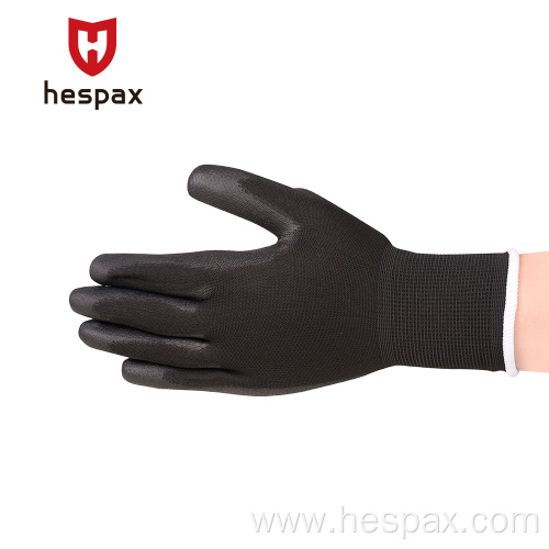 Hespax PU Palm Coated Anti-static Black Nylon Gloves